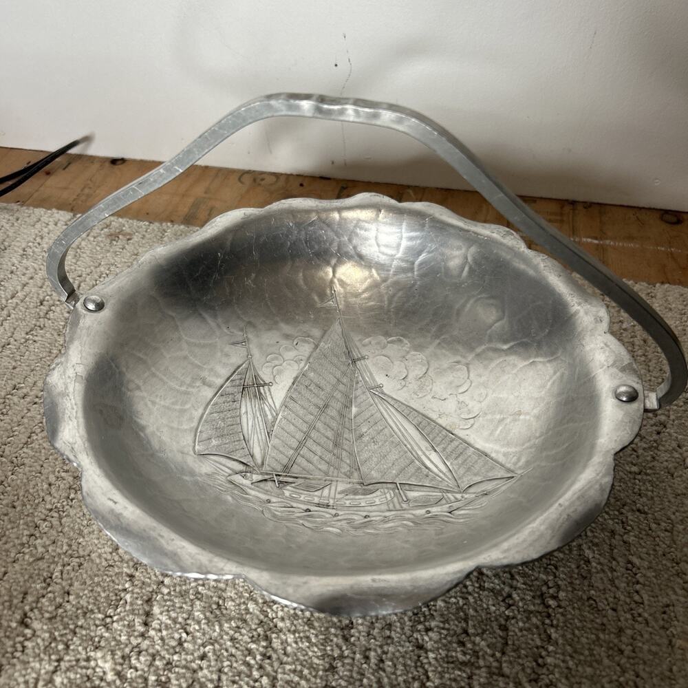 Vintage Hand Forged Nautical Sailboat Bowl With Handle Silver Color Beautiful